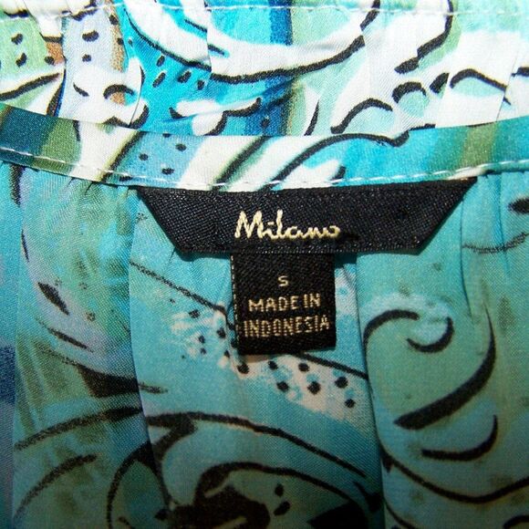 Milano Top Shirt S Ruffle Flutter Cold Shoulder Blue White Green Floral Blouse - Picture 10 of 12